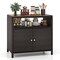 Costway Patio Rattan Storage Cabinet with Acacia Wood Countertop Open Shelf 2 Door Cabinet Black/Mix Brown